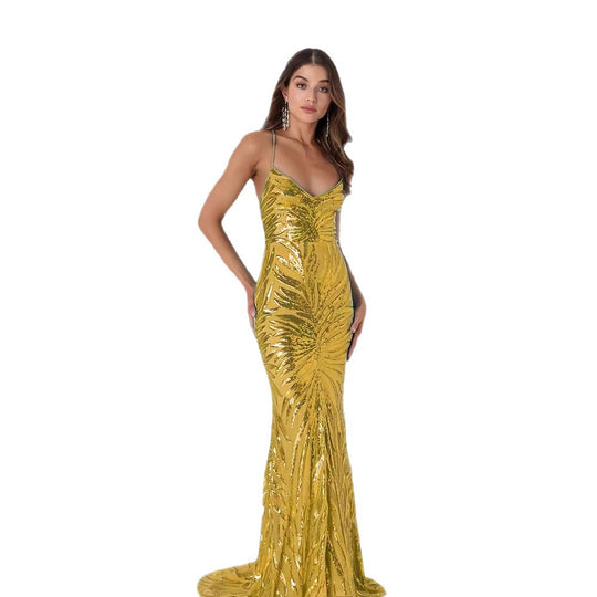 Damen Glamouröses Abendkleid mit funkelndem Paillettenmuster und V-Ausschnitt EB