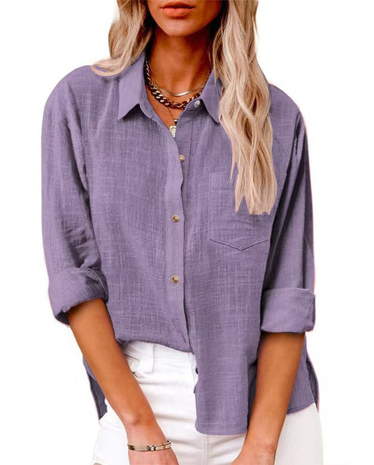 Damen nan oversized Leinen-Baumwollmix Hemdbluse mit Brusttasche und krempelbaren Ärmeln EB