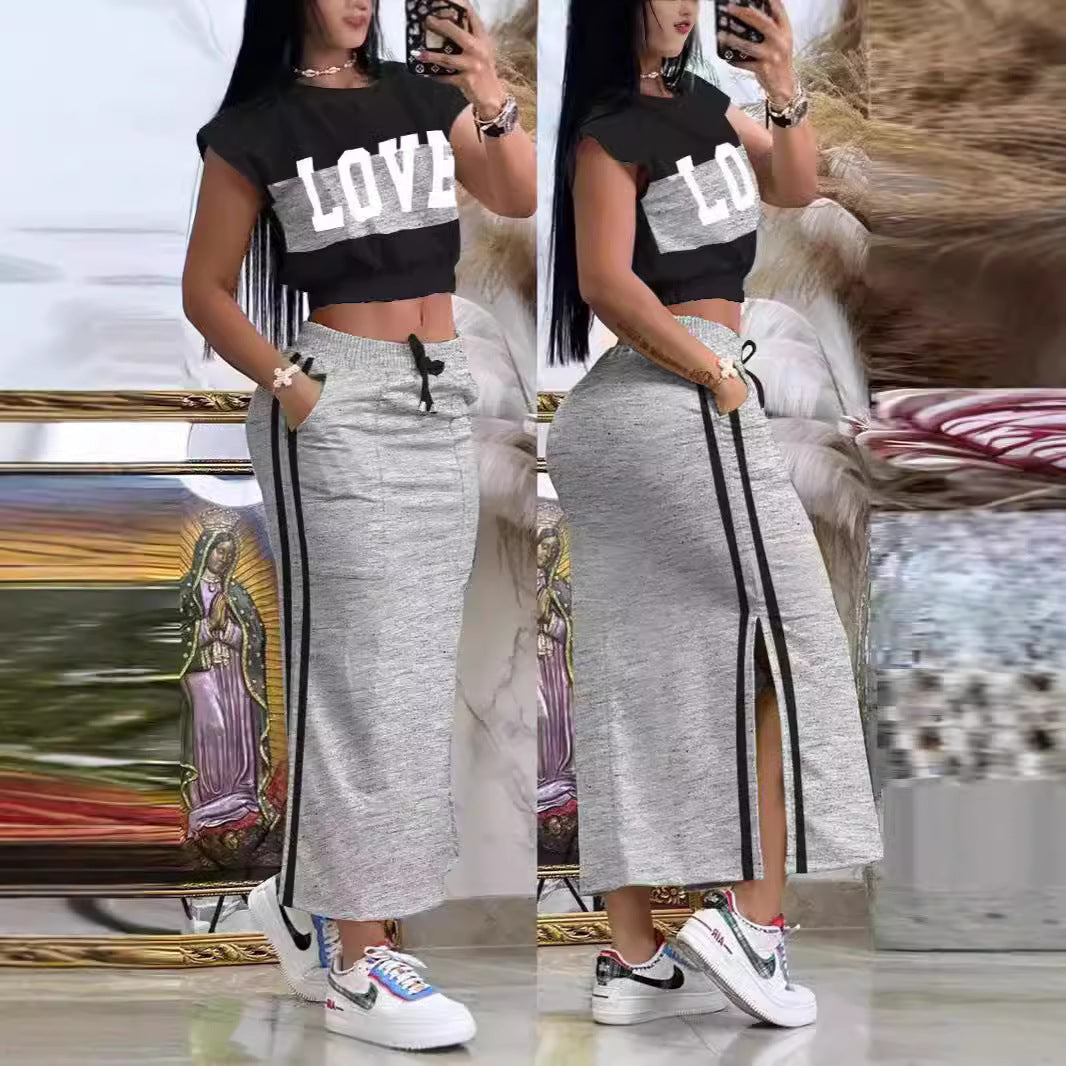 Damen Sportliches Crop-Top und Maxirock Set EB