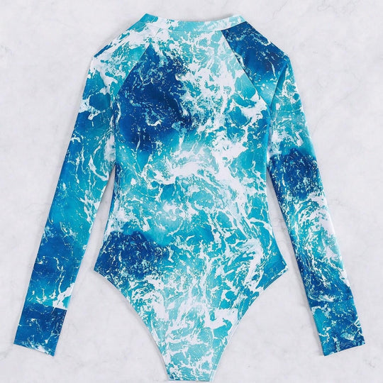 Damen Langarm-Schwimmanzug mit Reißverschluss und Wellenmuster EB