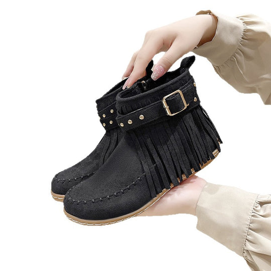 Damen nan Fransen-Ankleboot im Mokassinstil mit Ziernieten, Schnallenriemen und seitlichem Reißverschluss EB