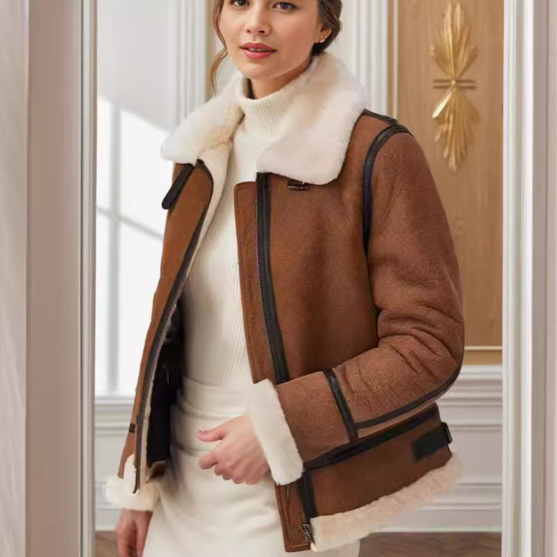 Damen trendige Faux-Fur-Jacke mit lässigem Schnitt und praktischen Taschen EB