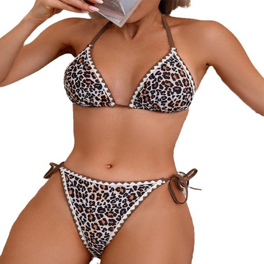 Damen Triangel-Bikini mit modischem Leoparden-Design und attraktiven Schnürdetails EB
