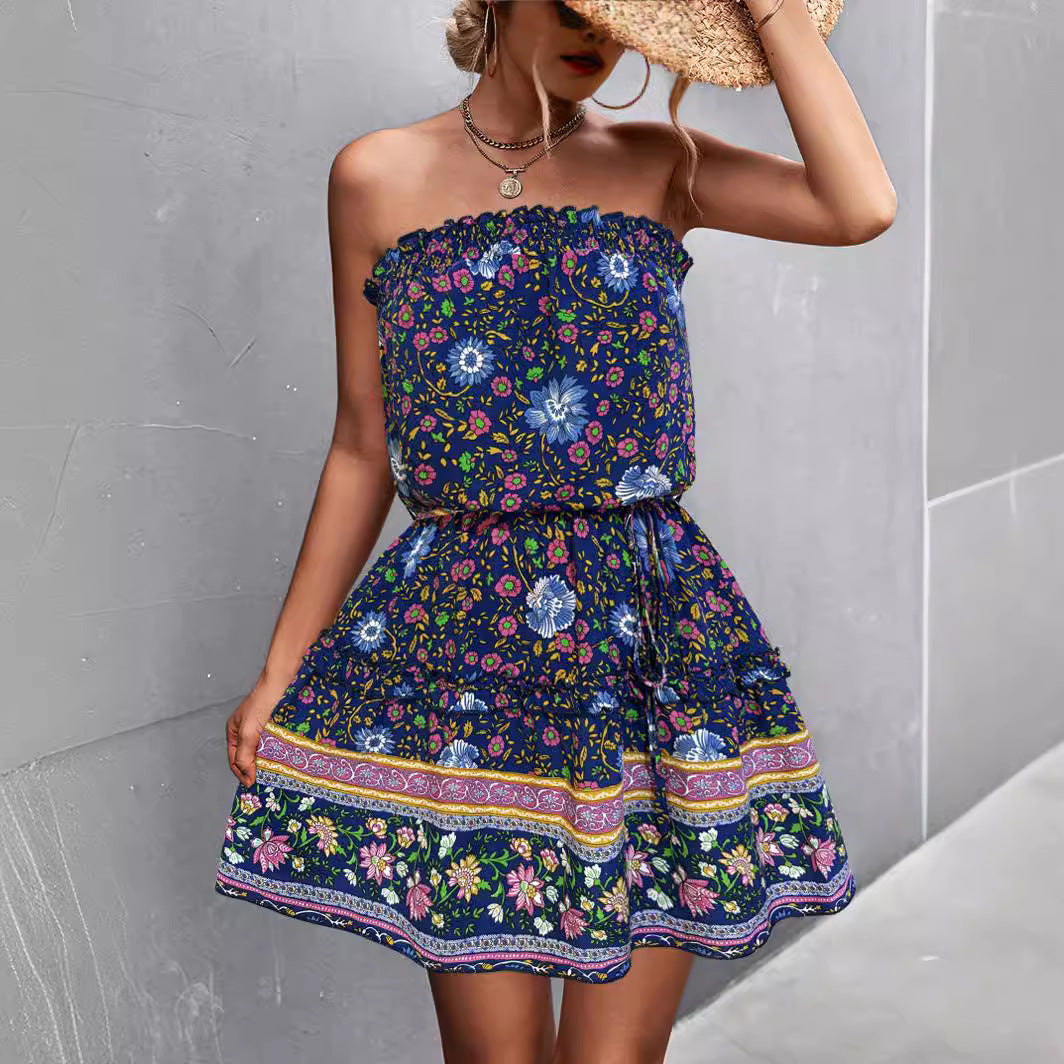 Damen Schulterfreies Minikleid mit buntem Blumenmuster und elastischem Taillenbund EB