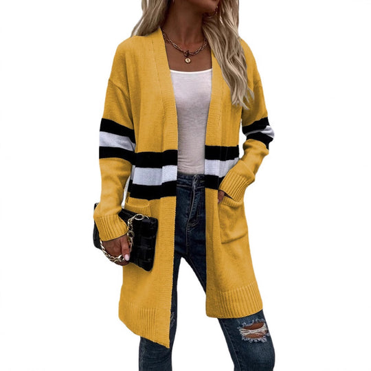 Damen Strickcardigan mit sportlichen Streifen und offenen Taschen EB