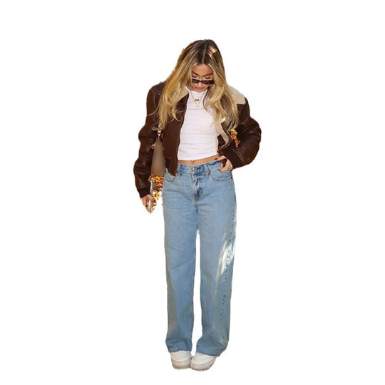 Damen cropped jacke mit schickem Kunstfellkragen EB
