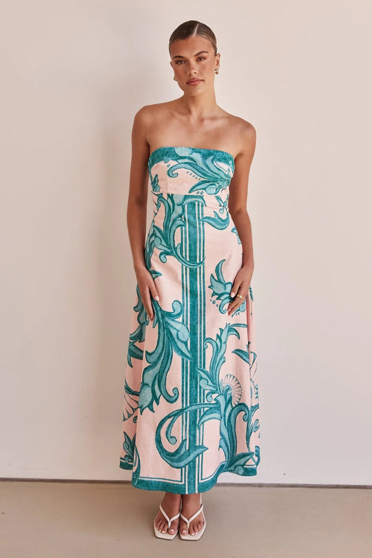Damen Strapless Maxikleid mit floralem Design und elegantem A-Linien Schnitt EB