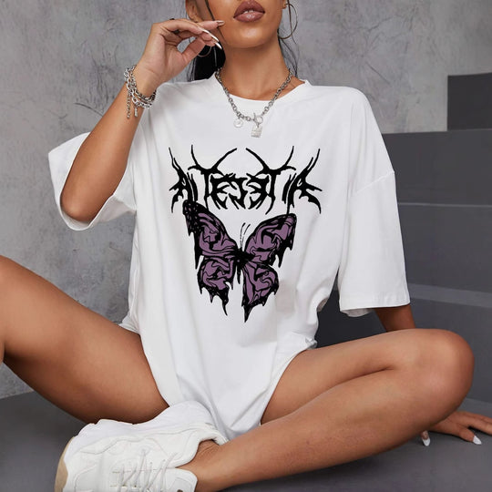 Damen oversized T-Shirt mit kreativem Schmetterlingsdesign EB