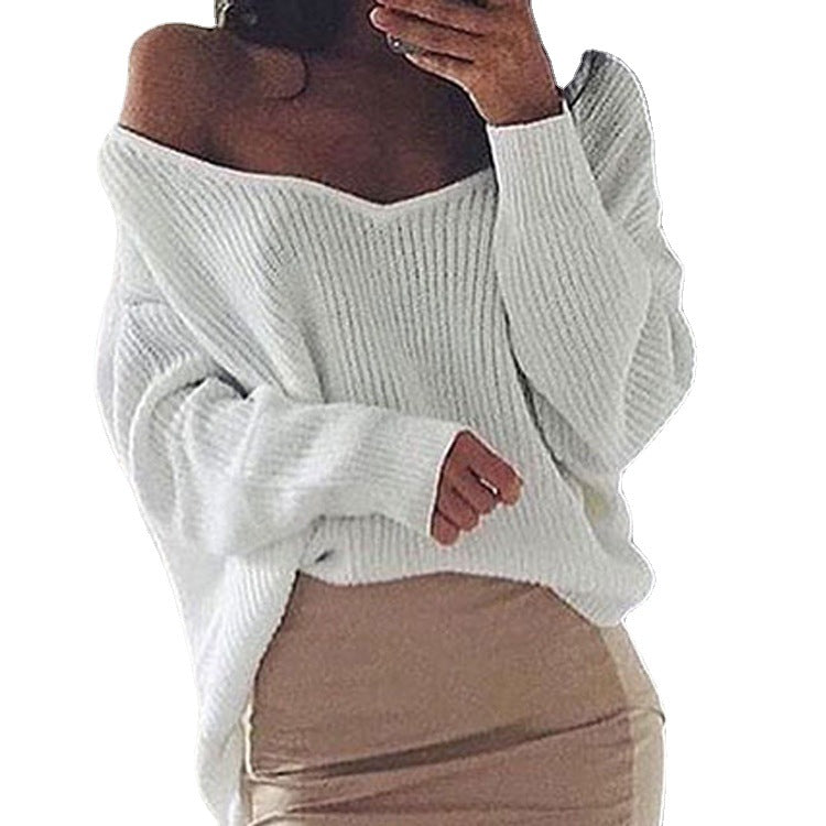 Damen lässiger Strickpullover mit asymmetrischem Ausschnitt und weitem Schnitt EB