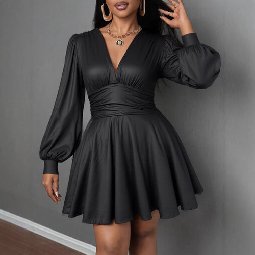 Damen elegantes Minikleid mit tiefem V-Ausschnitt und voluminösen Puffärmeln EB