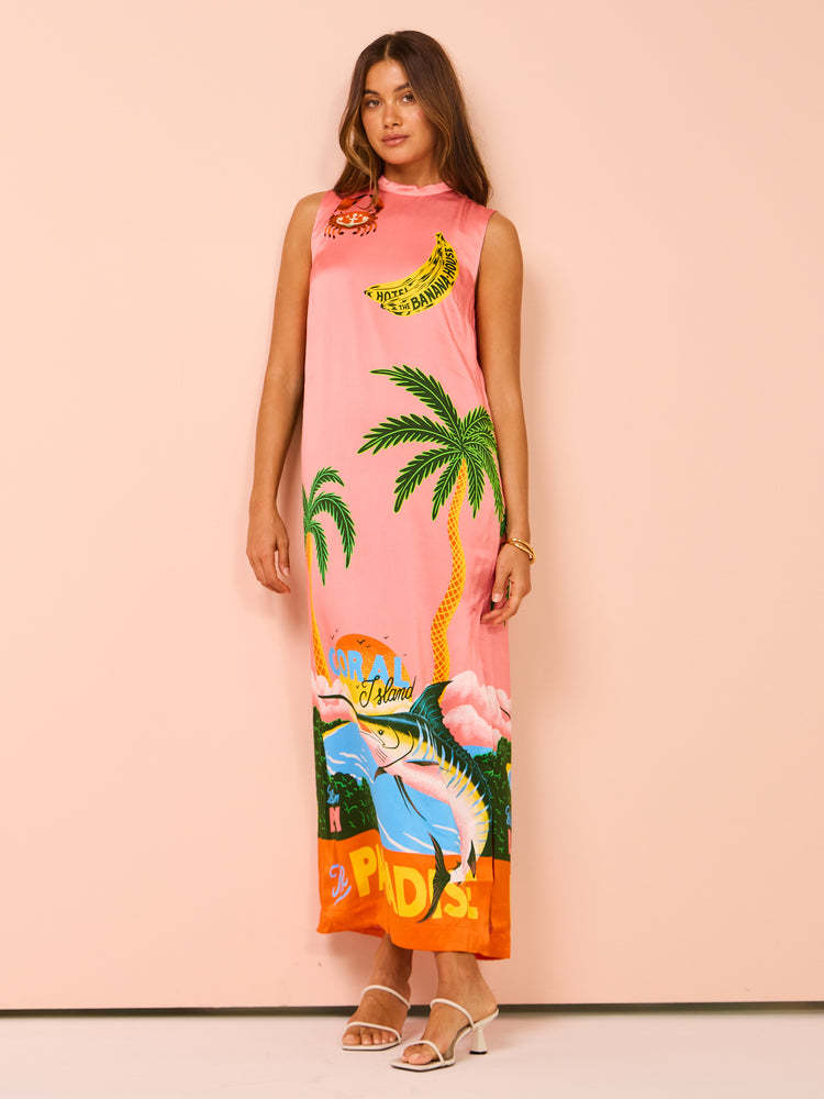 Damen Maxikleid mit buntem Tropenmotiv und lässigem Schnitt EB