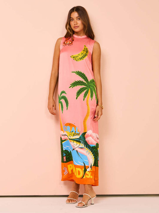 Damen Maxikleid mit buntem Tropenmotiv und lässigem Schnitt EB