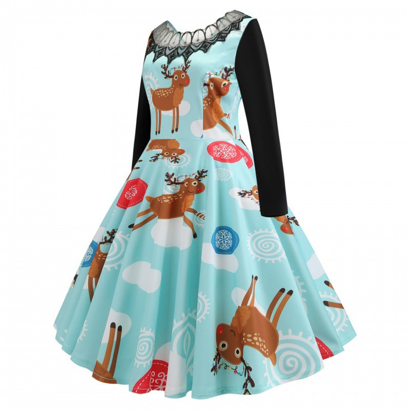 Damen Festliches Retro Swing Kleid mit Langarm A Linien Schnitt und Rentier-Print EB