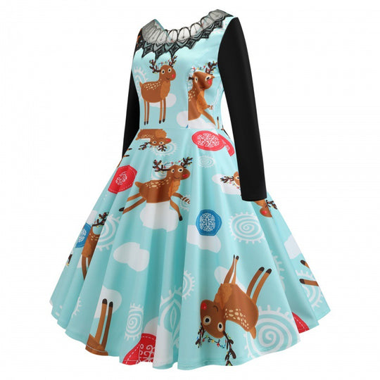 Damen Festliches Retro Swing Kleid mit Langarm A Linien Schnitt und Rentier-Print EB