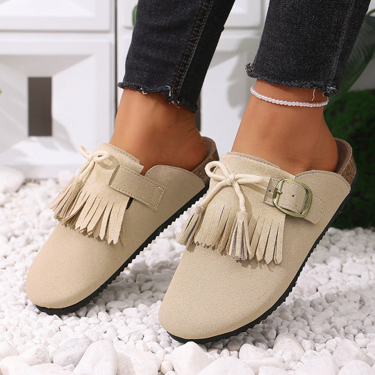 Damen Clogs mit dekorativen Fransen und verstellbarem Schnallenverschluss EB