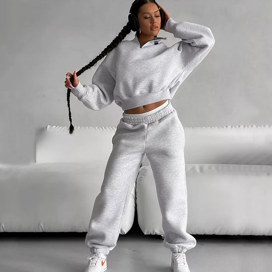Damen Zweiteiliges Cropped-Halbzip-Sweatset mit Stehkragen und elastischer High-Waist-Jogginghose EB