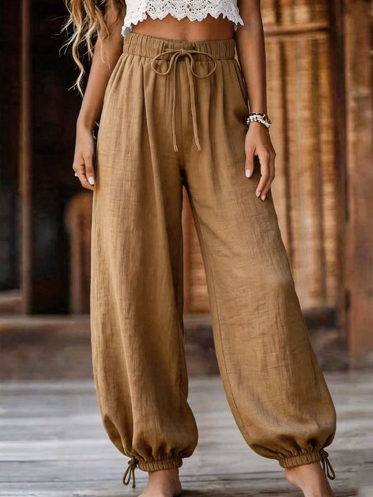 Damen Leichte Leinenhose mit weitem Bein und elastischem Bund EB