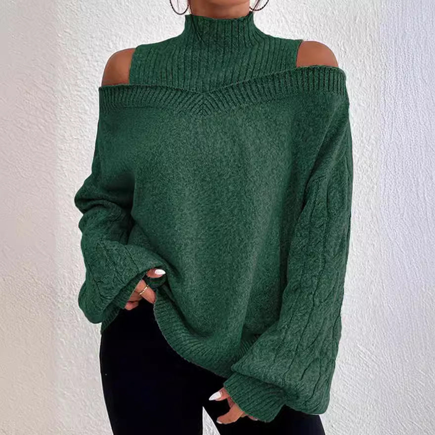 Damen nan schulterfreier Strickpullover mit Stehkragen und Zopfmusterärmeln EB