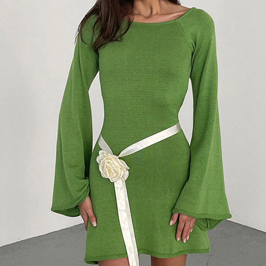 Damen lässiges Strickkleid mit weiten Ärmeln und Rundhalsausschnitt EB