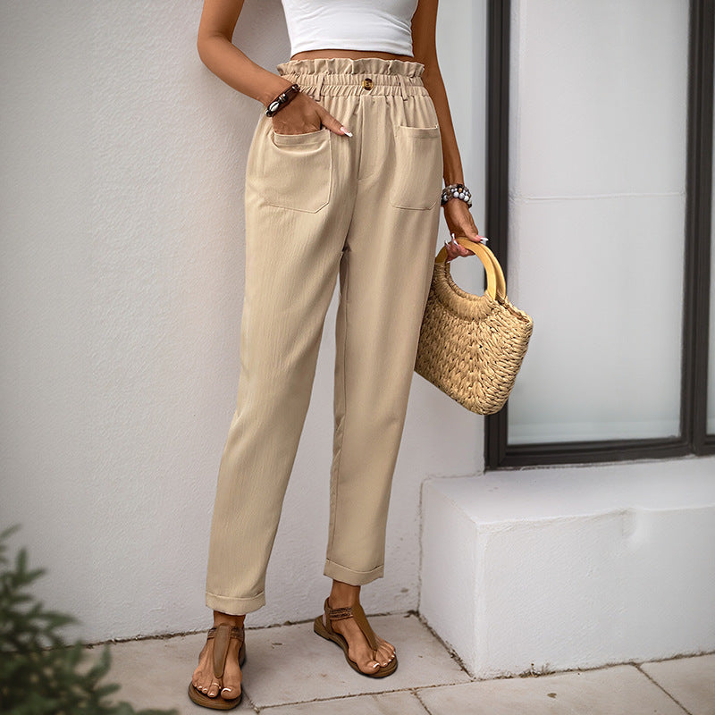 Damen lockere Stoffhose mit elastischem Bund und praktischen Taschen EB
