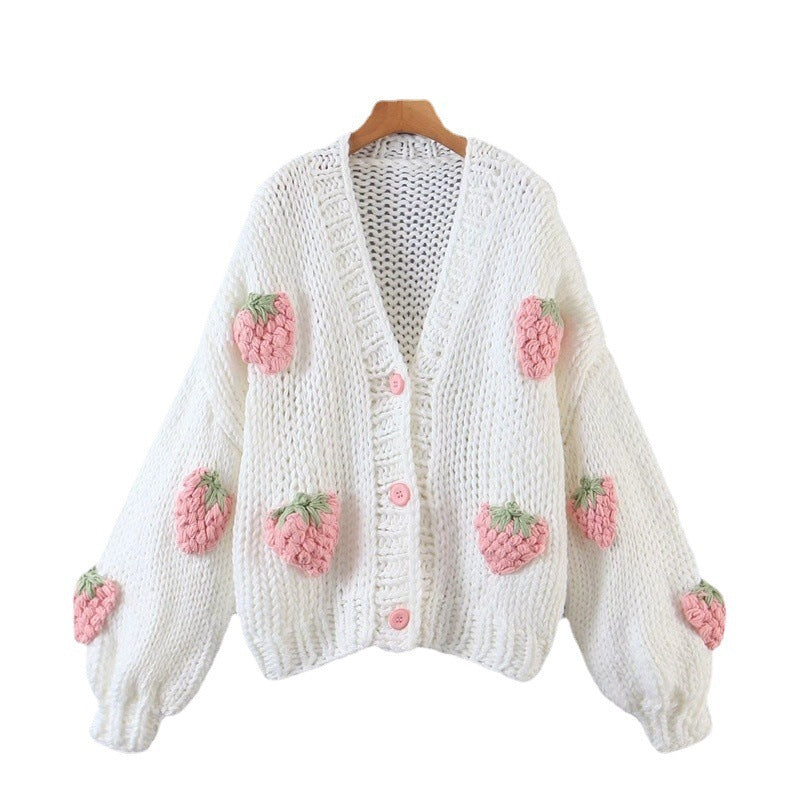Damen Strickjacke mit Erdbeerapplikationen und Knopfverschluss EB
