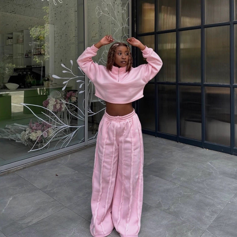 Damen Crop-Halbzip-Sweatshirt und High-Waist Wide-Leg Loungehose Set mit sichtbaren Naht-Details Eichborn Berlin