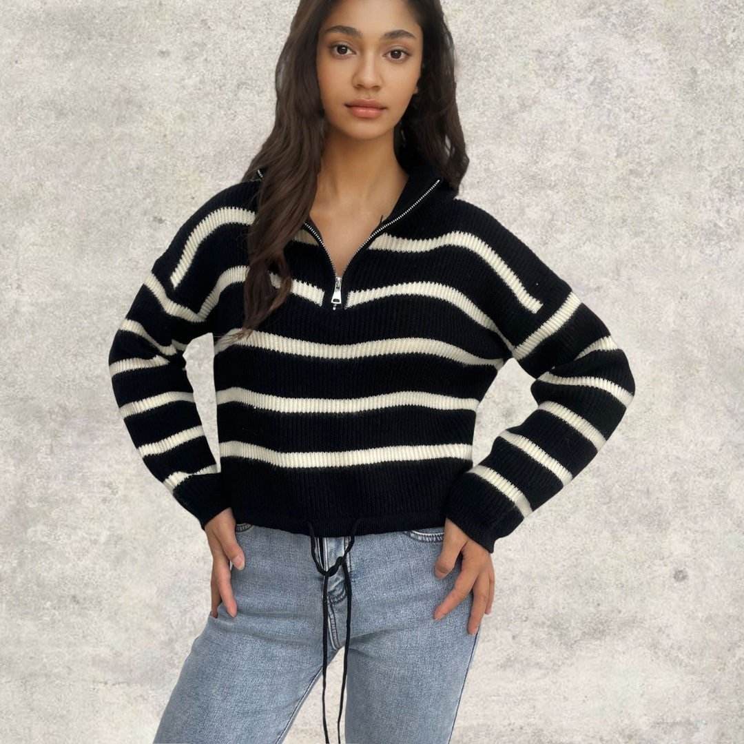 Damen Strickpullover mit halbem Reißverschluss und lässiger Übergangsstruktur EB