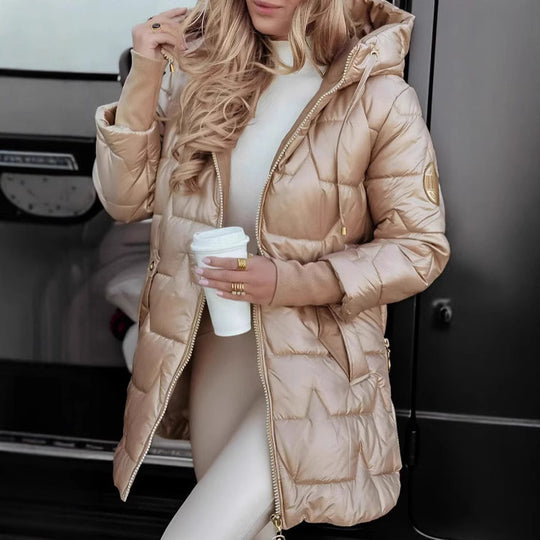 Damen Längere Steppjacke mit hoher Kapuze und seitlichen Reißverschlüssen EB