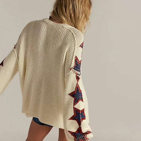 Damen Oversize-Strickpullover mit V-Ausschnitt und Sternmotiven EB