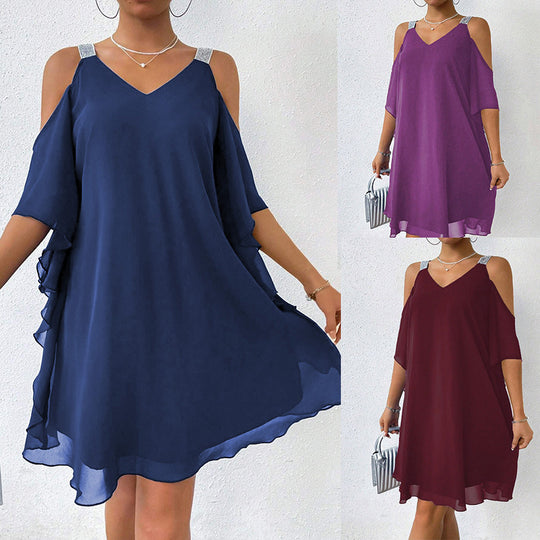 Damen schulterfreies Flatterkleid mit glitzernden Trägern EB