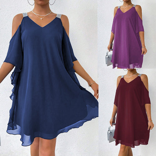 Damen schulterfreies Flatterkleid mit glitzernden Trägern EB