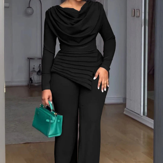 Damen Zweiteiliges Ensemble mit Wasserfall-Drapé-Oberteil, abgestuftem Peplum und gerader Bundfalten-Hose EB