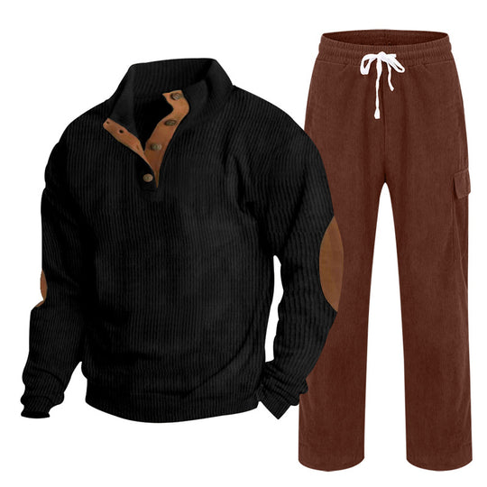 Herren nan strukturiertes Cord-Henley-Loungewear-Set mit Ellenbogenpatches und Cargo-Jogpant EB