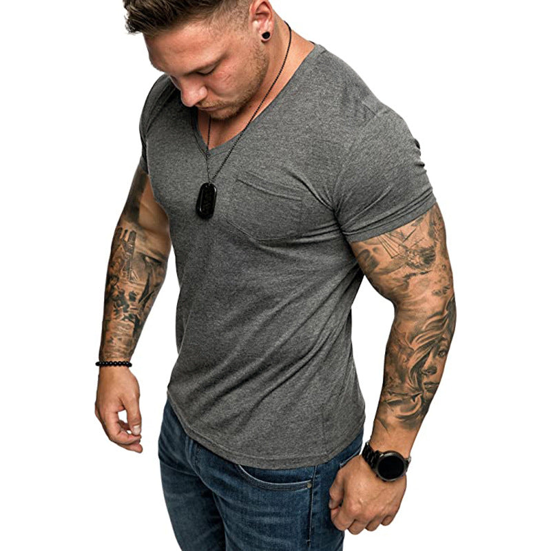 Herren V-Ausschnitt T-Shirt aus weicher Baumwolle mit Brusttasche EB