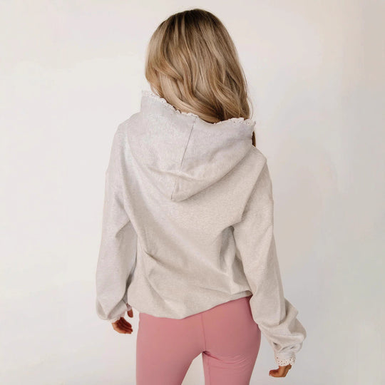 Damen Kapuzenpullover mit verspieltem Spitzenrand und floralem Innenfutter EB