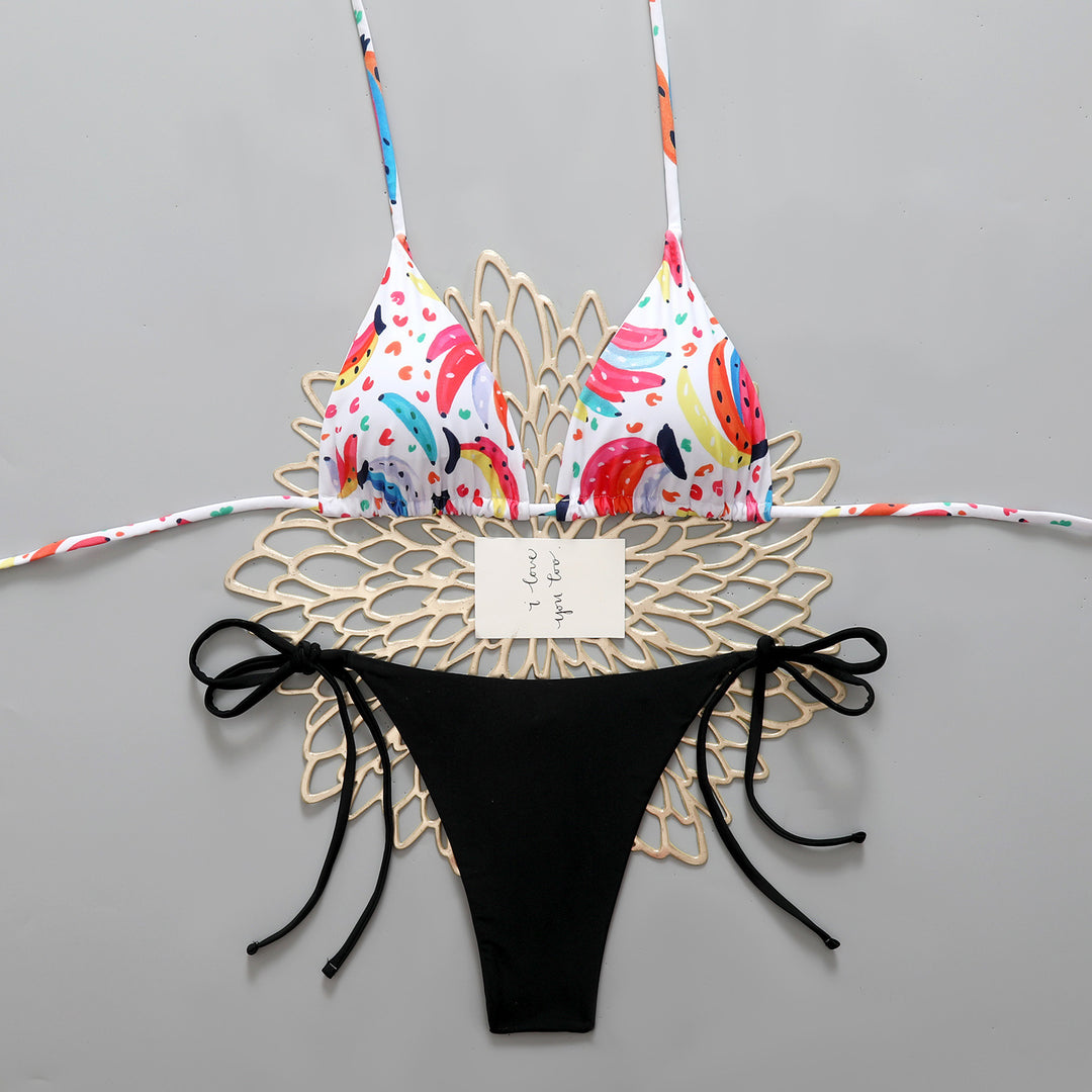 Damen Triangel-Bikini mit buntem Fruchtmuster und femininen Schleifen EB