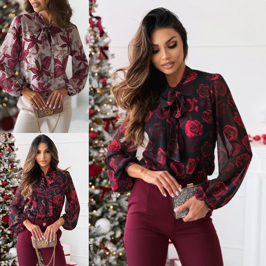 Damen Elegante Bluse mit Schleifenkragen und floralen Mustern EB