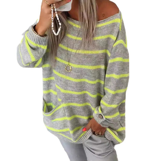Damen lässiger Strickpullover mit elegantem Streifenmuster und praktischer Brusttasche EB