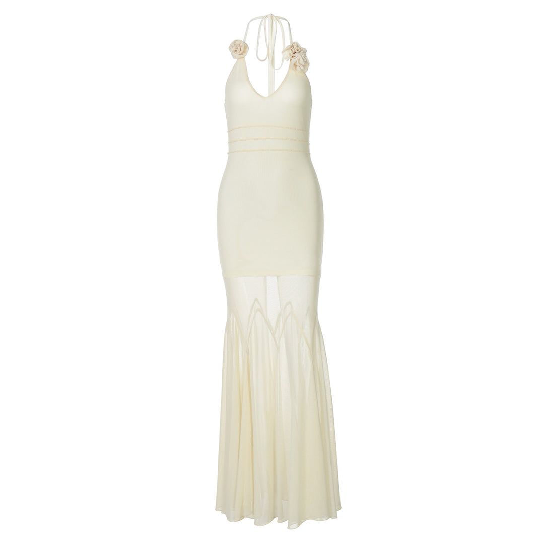 Damen Bodenlanges Kleid mit tiefem V-Ausschnitt und Blumenverzierung EB