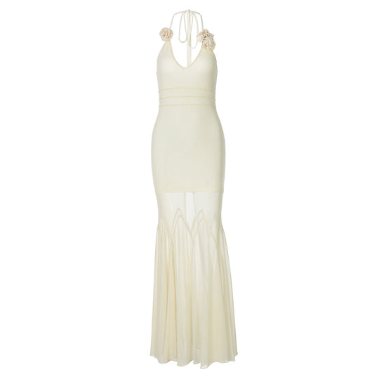 Damen Bodenlanges Kleid mit tiefem V-Ausschnitt und Blumenverzierung EB