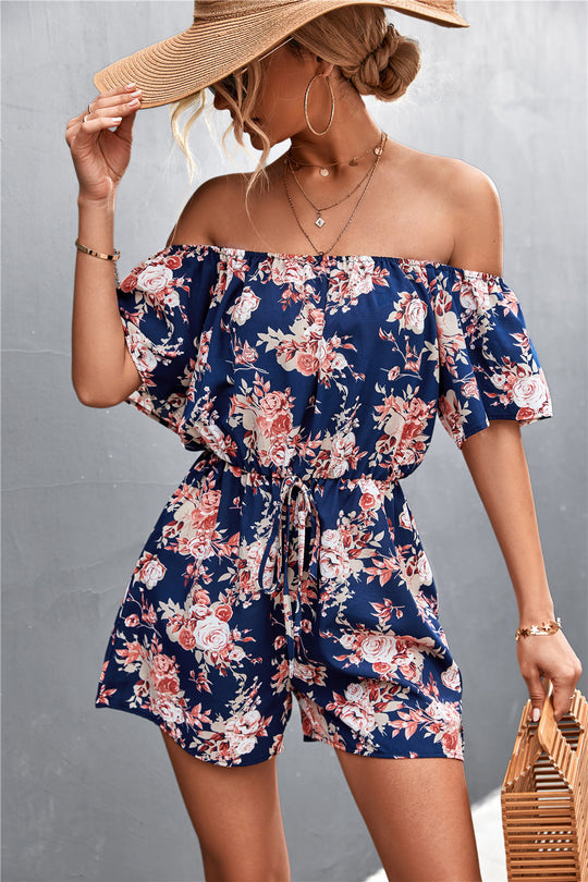 Damen Off-Shoulder Jumpsuit mit floralem Design und elastischem Taillenbund EB