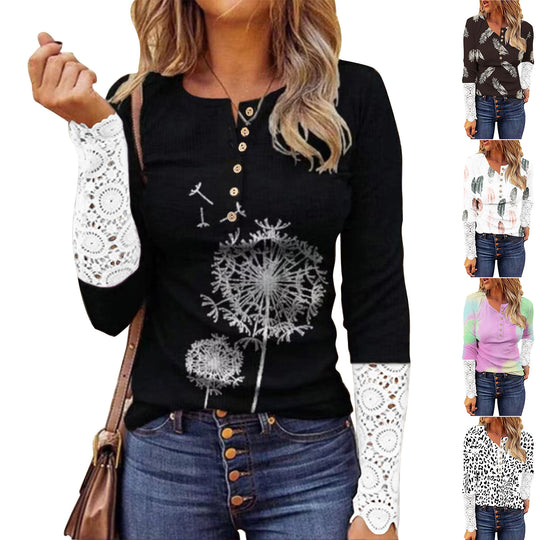 Damen langärmliges T-Shirt mit Spitze und modernem Leo-Muster EB