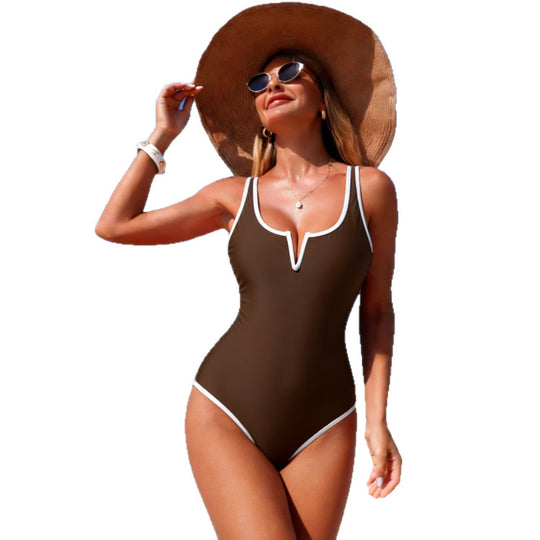 Damen sportlicher Einteiler Badeanzug mit tiefem V-Ausschnitt EB