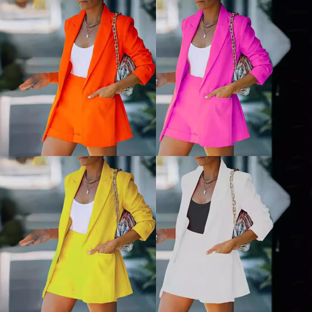 Damen nan figurbetontes Longblazer- und High-Waist-Shorts-Set mit überschnittenen Schultern und aufgesetzten Taschen EB