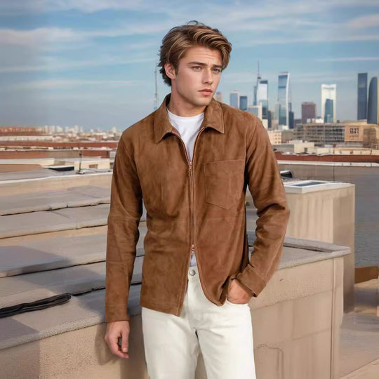Herren modische Wildlederjacke mit Reißverschluss und Brusttasche EB