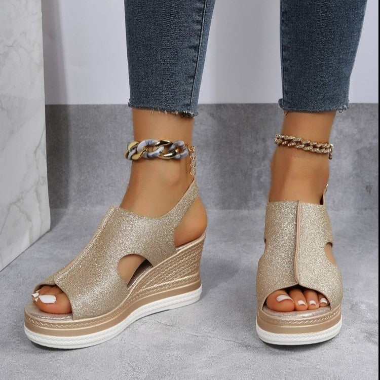 Damen Wedge-Sandalen mit glitzerndem Obermaterial und komfortablem Fußbett EB