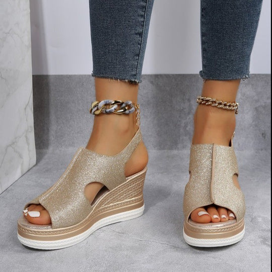 Damen Wedge-Sandalen mit glitzerndem Obermaterial und komfortablem Fußbett EB