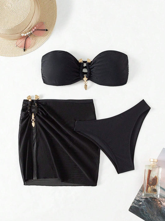 Damen Bandeau-Bikini-Set mit eleganter Rock-Overlay EB