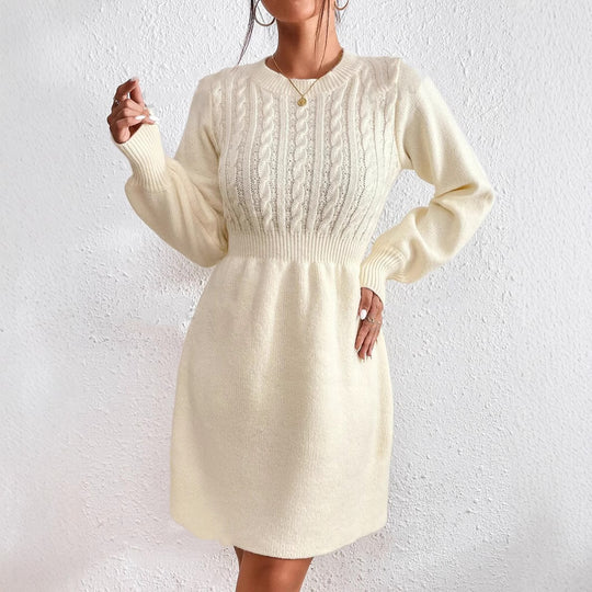 Damen Strickkleid mit voluminösen Ärmeln und strukturiertem Oberteil EB