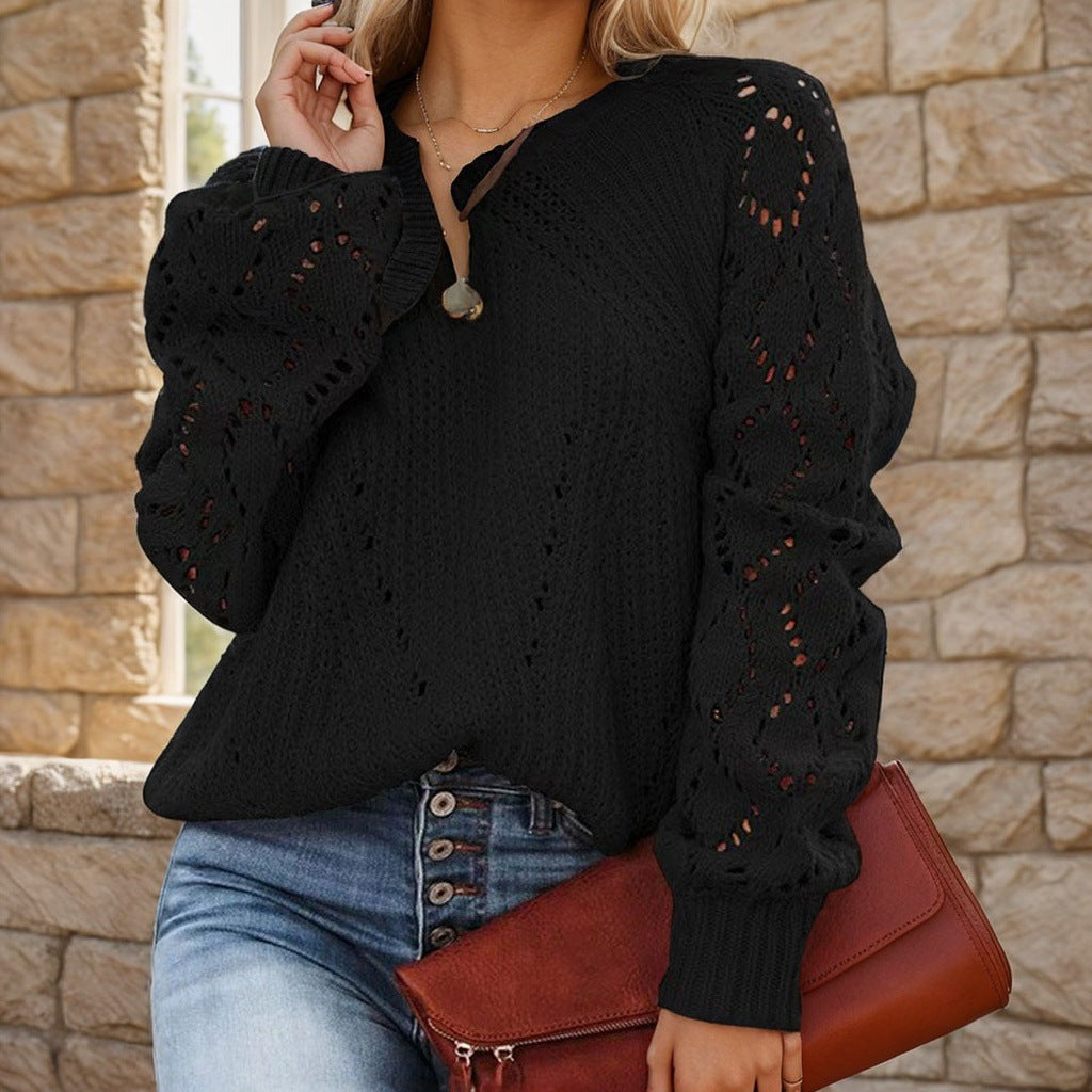 Damen Strickpullover mit romantischem Lochmuster und voluminösen Ärmeln EB